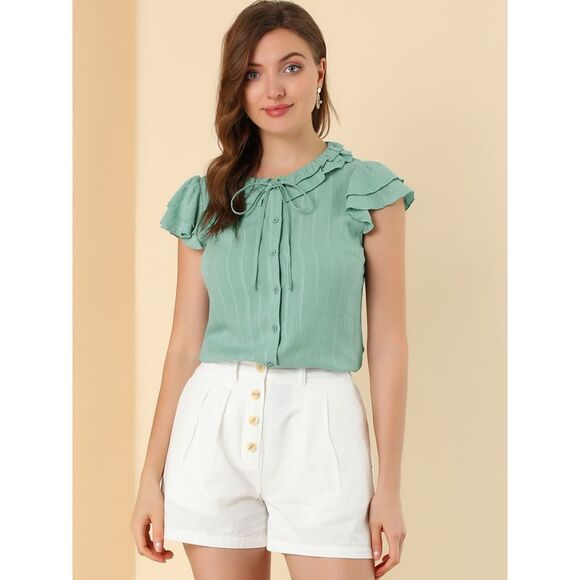 Women's Ruffle Sleeve Tie Neck Button Front Flounce Neck Blouse Blue Green - Picture 3 of 6